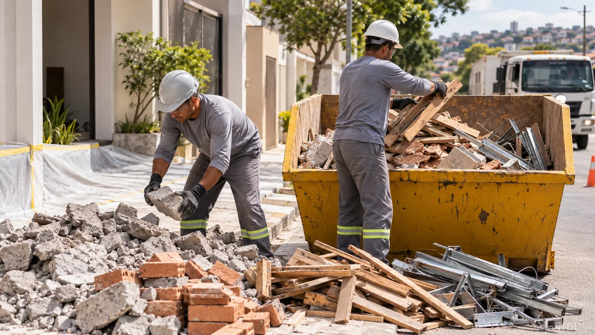 Trabalhadores separando resíduos de construção em uma caçamba