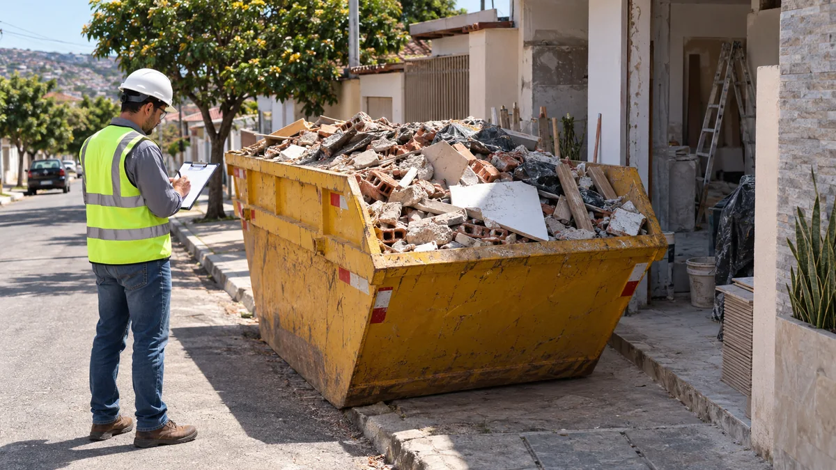 Profissional inspecionando caçamba de entulho em uma reforma