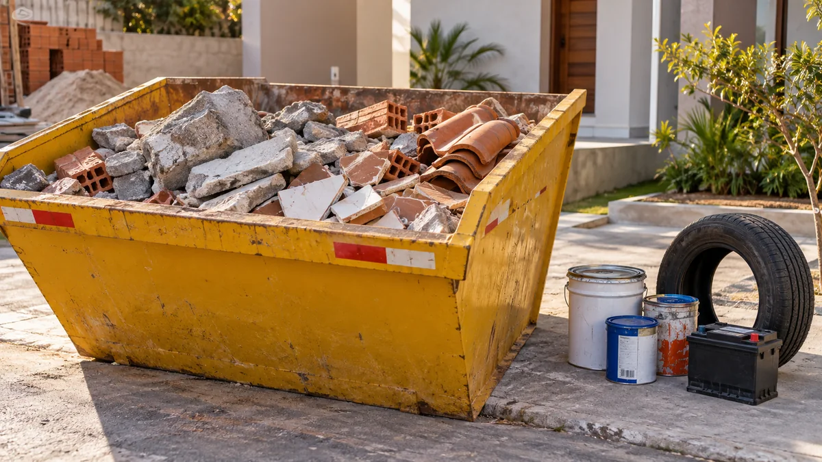 Caçamba com entulho e materiais especiais separados ao lado