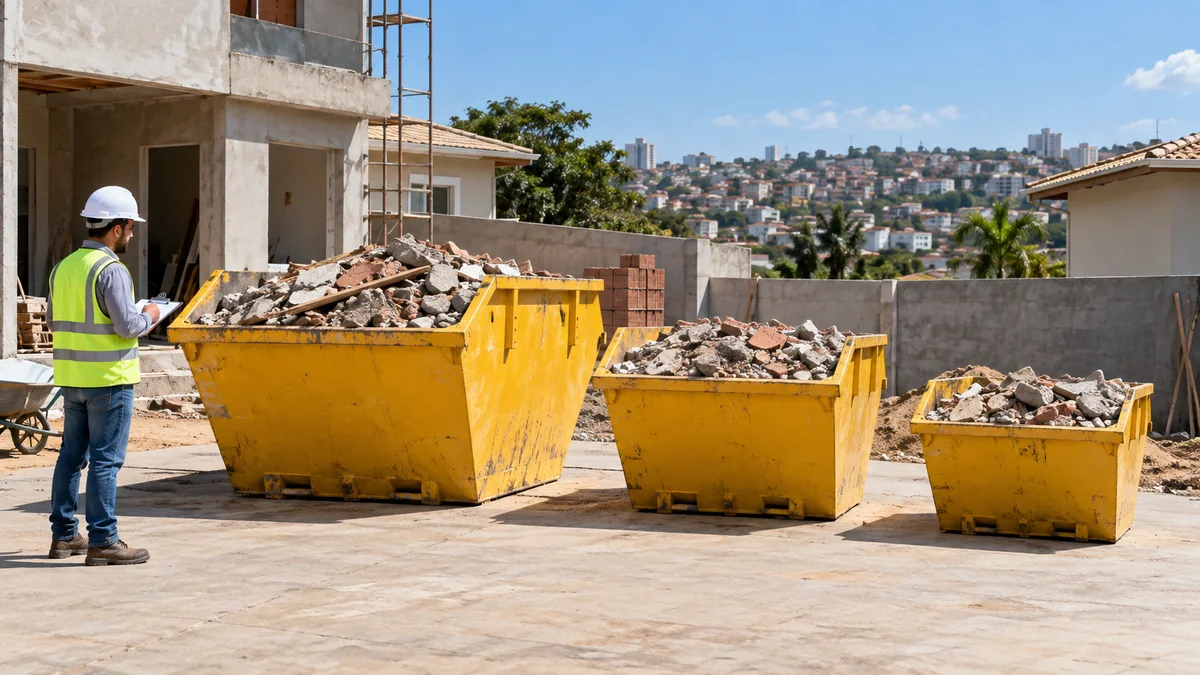 Três tamanhos de caçamba de entulho em uma obra